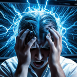A person, overwhelmed and visibly stressed, holds their head in their hands amidst a chaotic storm of glowing digital notifications, pop-ups, and multiple screens. Their face shows strain and fatigue. The background is a blur of fragmented information, symbolizing cognitive overload, scattered attention, and the exhausting nature of constant digital stimulation. The lighting is harsh and artificial, with a strong blue tint, emphasizing the "brain screaming" sensation.