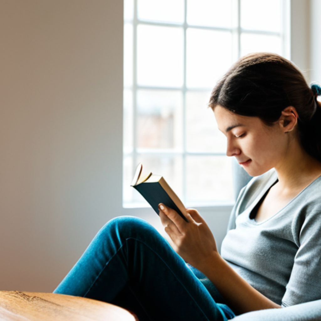 Peaceful Digital Detox**
"A woman is sitting in a cozy armchair by a window, reading a book. The room is bathed in soft, natural light. A cup of tea sits on a nearby table. Her smartphone is placed face down, slightly out of focus, in the background. Fully clothed in comfortable, modest attire. Serene, peaceful, safe for work, appropriate content, perfect anatomy, correct proportions, professional photography, family-friendly."
**