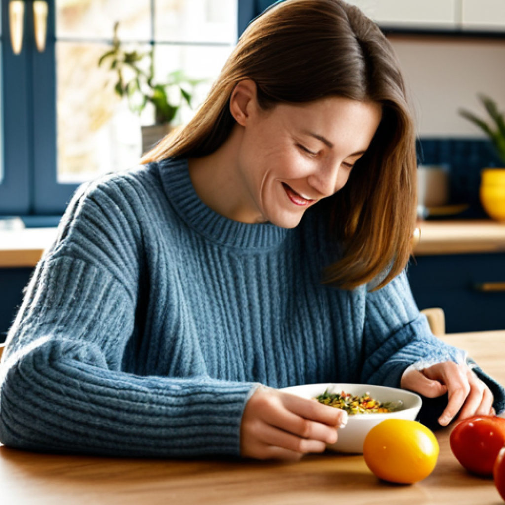 Mindful Meal**
Prompt: A woman enjoying a healthy meal at a sunlit kitchen table, fully clothed in a comfortable sweater and jeans, no phone or devices visible, focus on the food and her relaxed expression, plants in the background, soft natural lighting, safe for work, appropriate content, fully clothed, family-friendly, perfect anatomy, correct proportions, natural pose, well-formed hands, proper finger count, natural body proportions, high quality, professional photography.
**