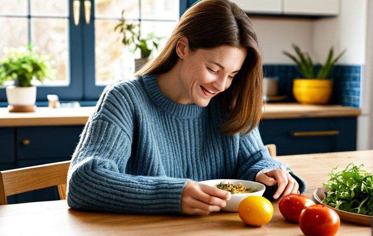 Mindful Meal**
Prompt: A woman enjoying a healthy meal at a sunlit kitchen table, fully clothed in a comfortable sweater and jeans, no phone or devices visible, focus on the food and her relaxed expression, plants in the background, soft natural lighting, safe for work, appropriate content, fully clothed, family-friendly, perfect anatomy, correct proportions, natural pose, well-formed hands, proper finger count, natural body proportions, high quality, professional photography.
**