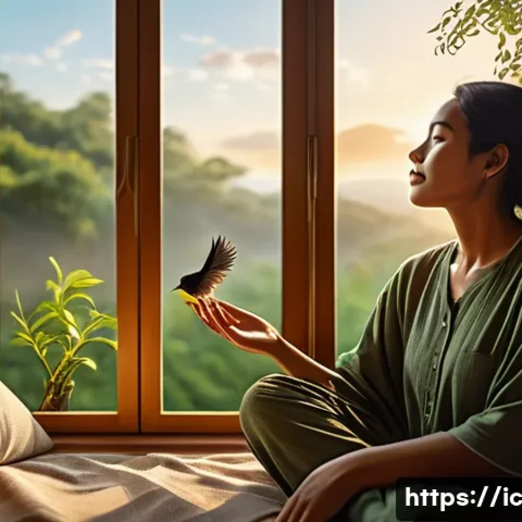 언플러그드 시간 관리의 역사 - A serene natural morning scene depicting a person waking up with the sunrise, surrounded by lush gre...