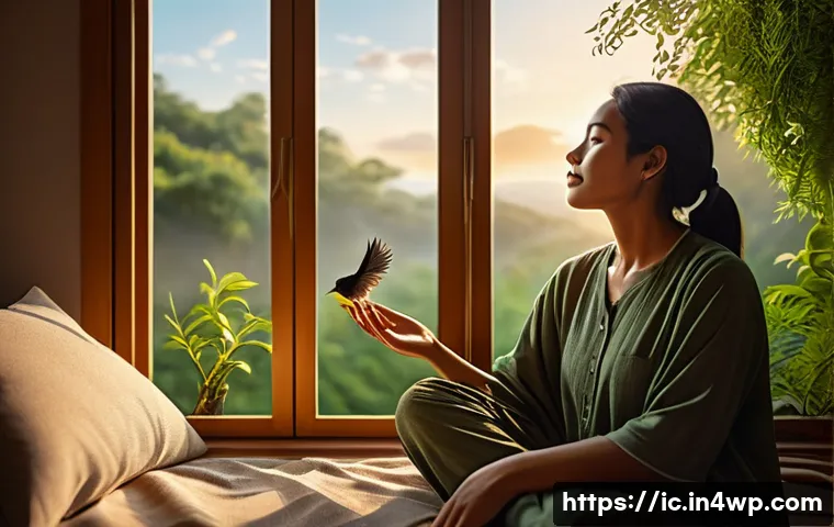 언플러그드 시간 관리의 역사 - A serene natural morning scene depicting a person waking up with the sunrise, surrounded by lush gre...