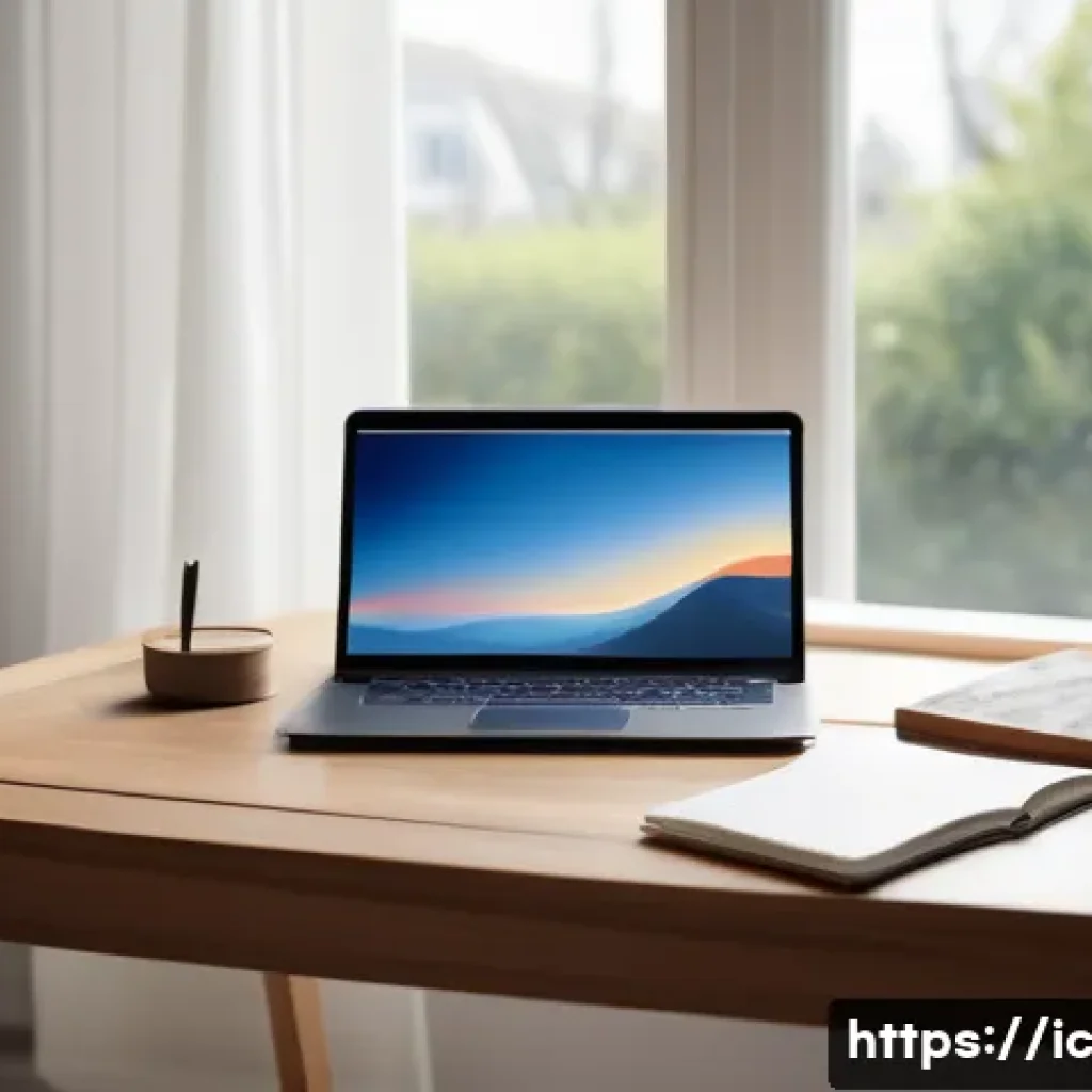 언플러그드 시간 관리 방법론 - A minimalist, clean workspace with a wooden desk featuring only essential items: a closed laptop, a ...