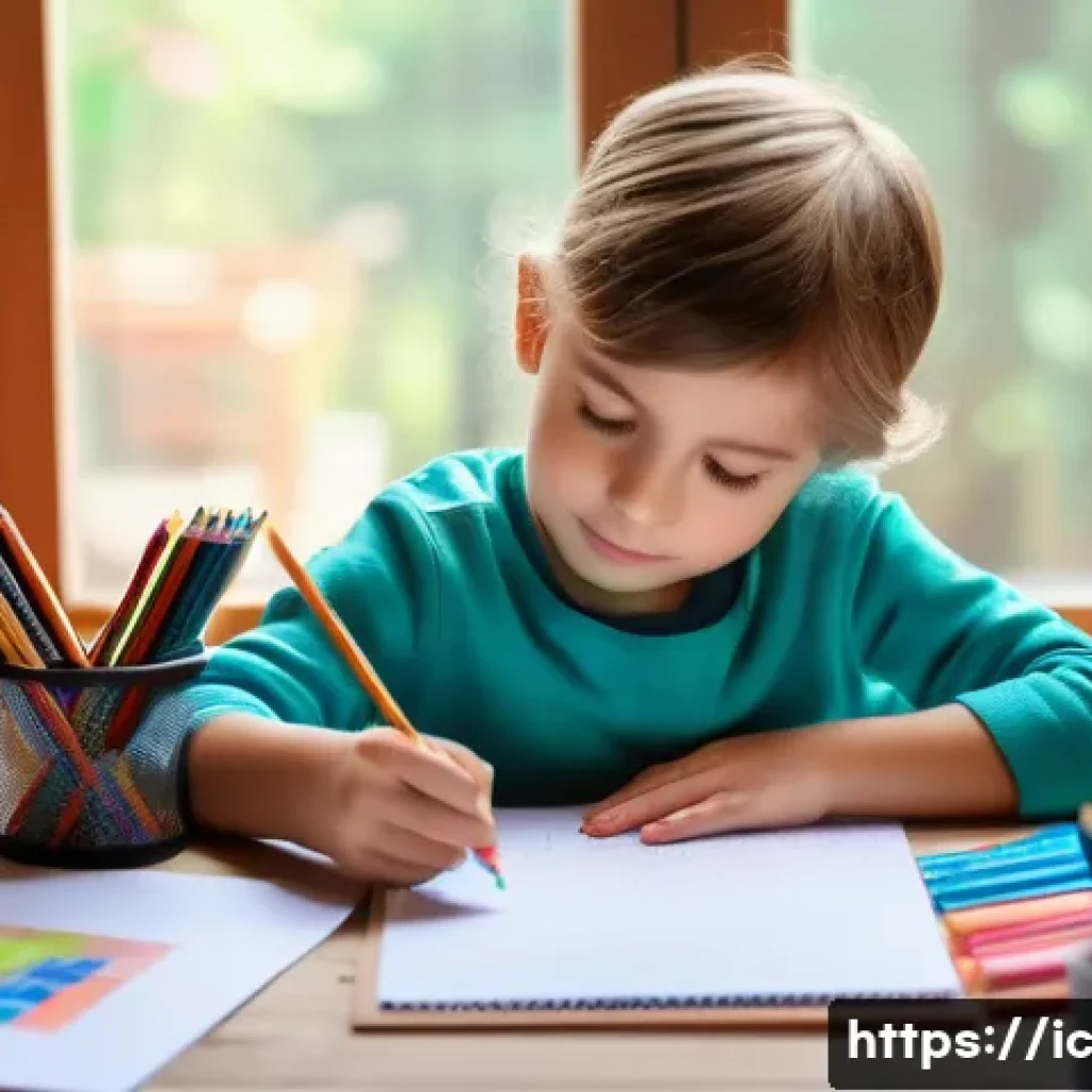 언플러그드 시간 동안의 취미 활동 - A cozy indoor scene showing a child focused on creating pixel art with colored pencils and paper, si...