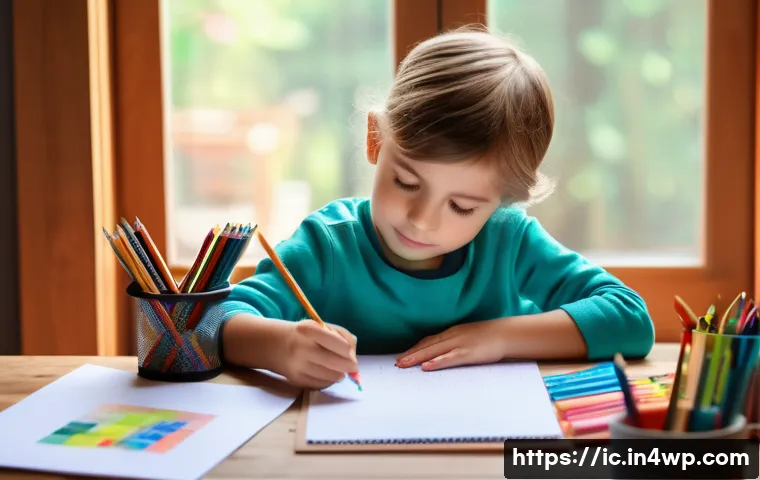 언플러그드 시간 동안의 취미 활동 - A cozy indoor scene showing a child focused on creating pixel art with colored pencils and paper, si...