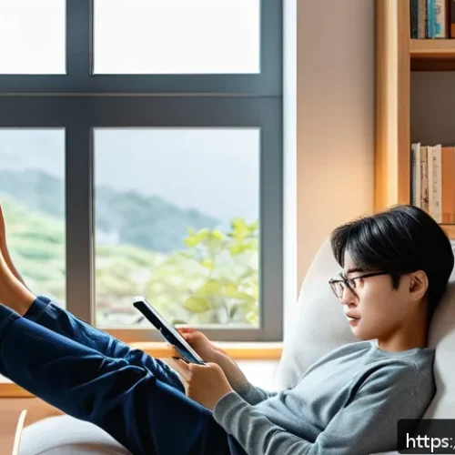 Home 32 언플러그드 시간을 위한 목표 설정하기 - A cozy living room scene showing a person practicing digital detox: the smartphone and tablet are pl...