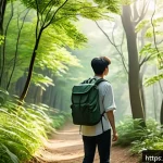 Home 18 일상에서 언플러그드 배려하기 - A serene scene of a person taking a nature walk in a lush green forest during early morning light, s...