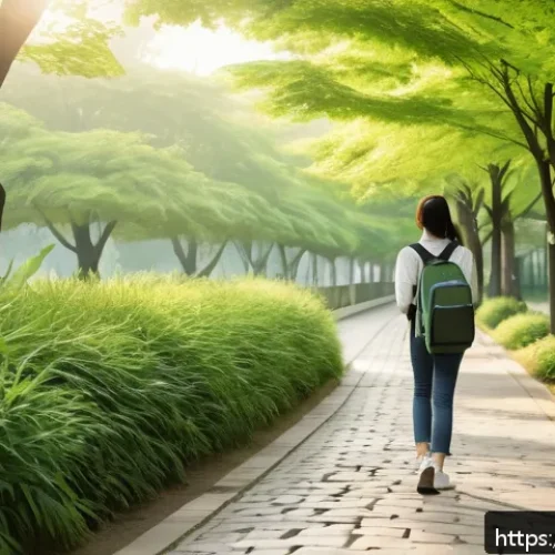 Home 17 일상에서의 언플러그드 시간 실천 방법 - A serene urban park scene during early morning with a young adult woman taking a leisurely walk on a...