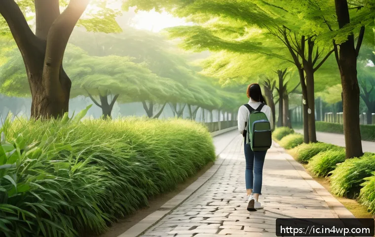 일상에서의 언플러그드 시간 실천 방법 - A serene urban park scene during early morning with a young adult woman taking a leisurely walk on a...