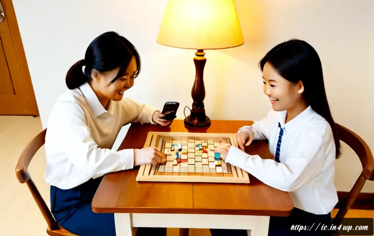 Home 17 가족과의 언플러그드 시간 만들기 - Photorealistic warm family unplugged evening at home, parents and two children playing a simple wood...